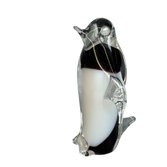 Hand Blown Art Glass Penguin Figurine Clear Encased Black White 4 1/2" - Picture 6 of 7